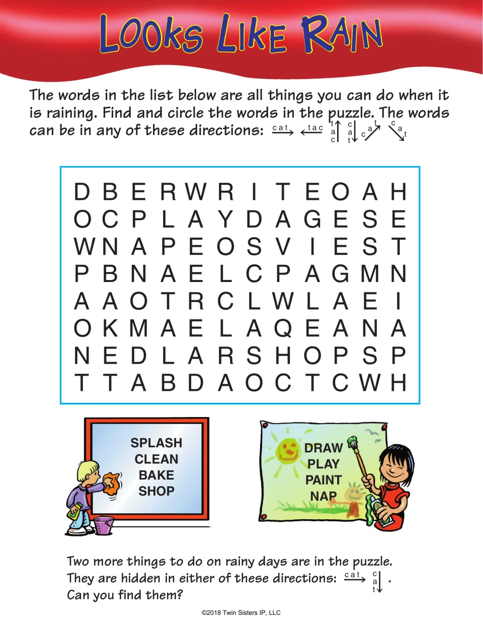 Looks Like Rain: students circle rainy-day activities such as splash, bake, draw, paint and nap, then seek two bonus words