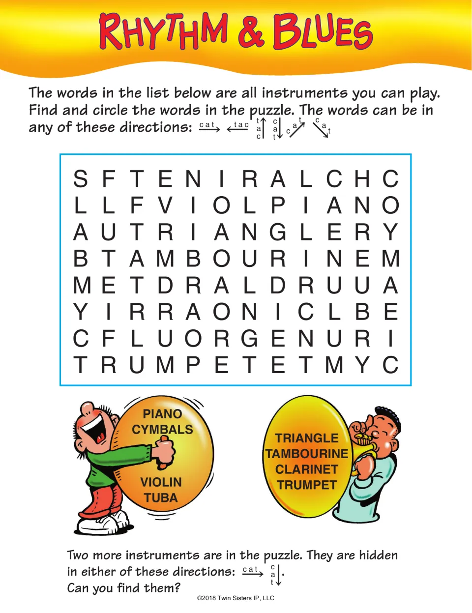 Rhythm & Blues: students look for instrument names including piano, violin, tuba, tambourine and trumpet, plus two more