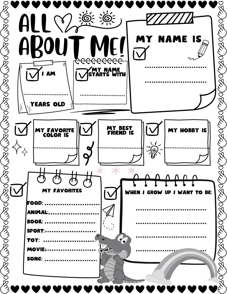 All About Me! in black and white: students write their name, age, first letter, favorite color, best friend and hobby