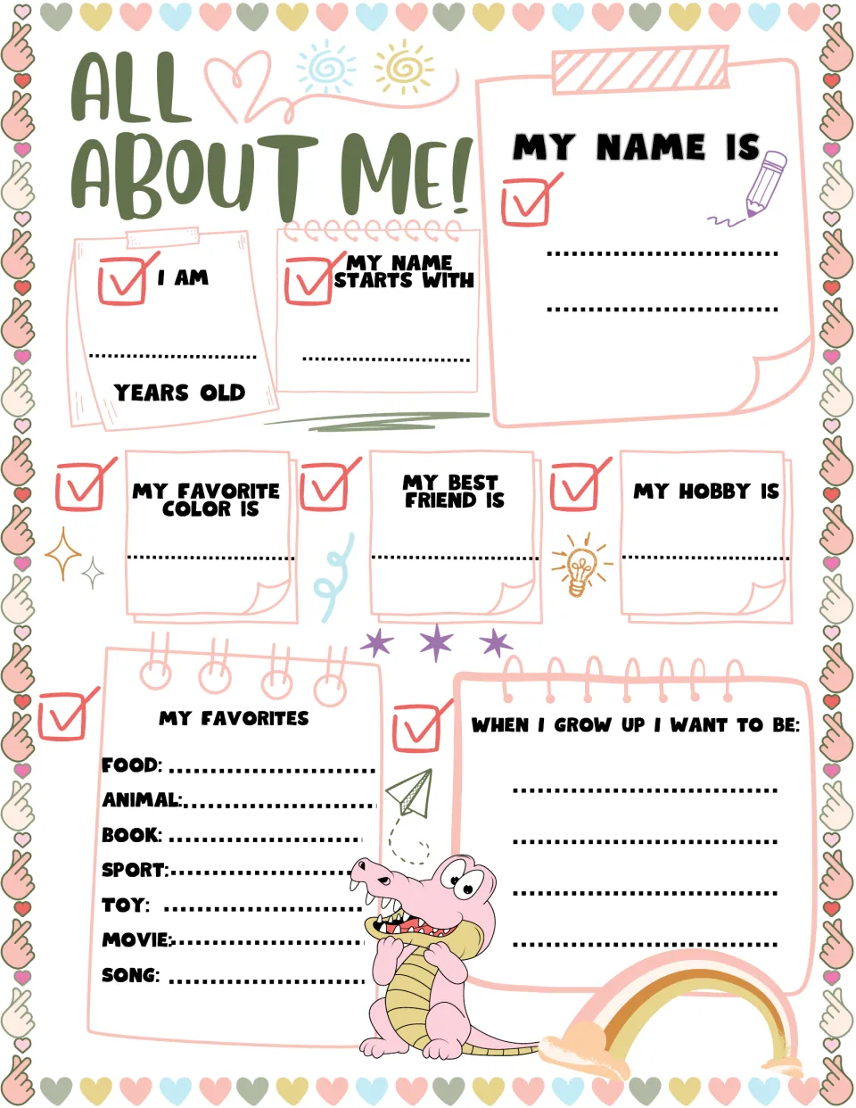 Color All About Me! page: students list favorite food, animal, book, sport, toy, movie and song, and what they want to be