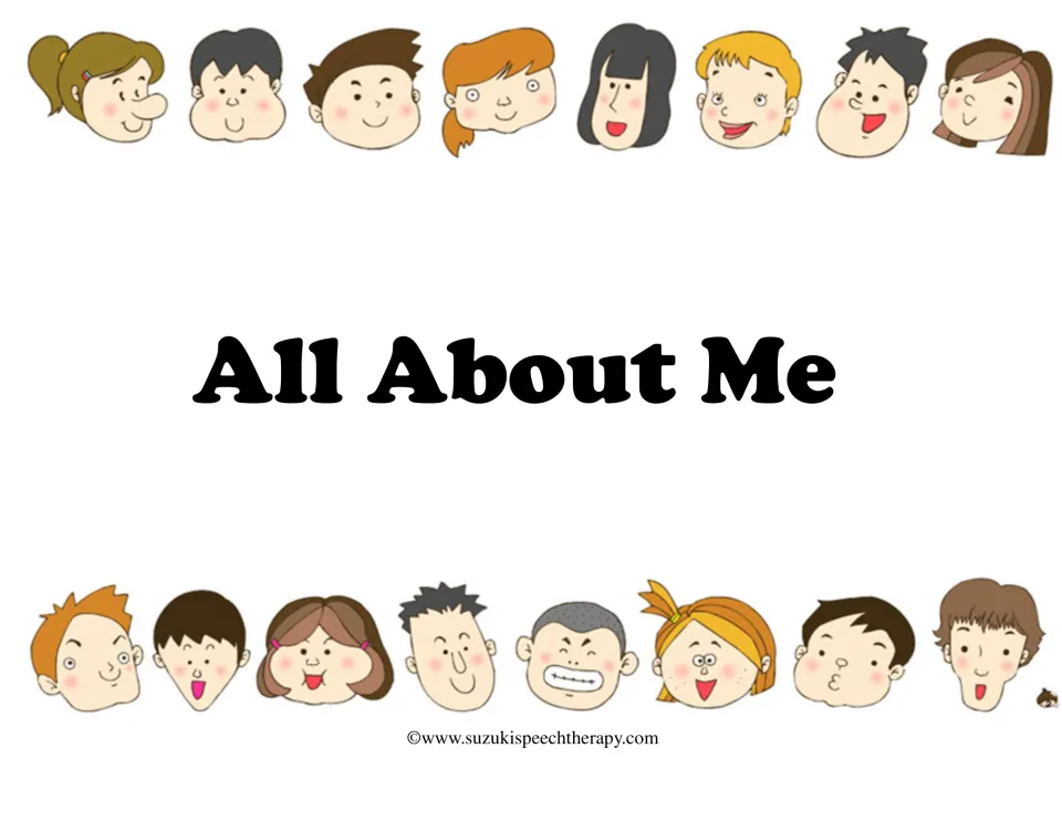 All About Me cover: bold title framed by two rows of smiling cartoon children's faces