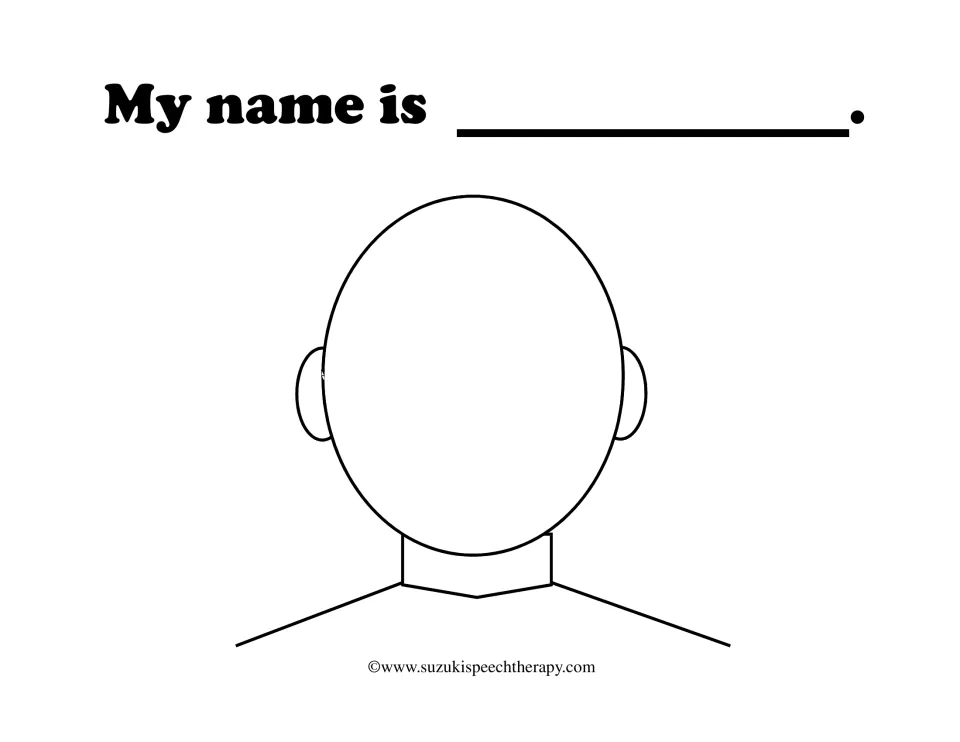 Name and self-portrait page: students write their name after 'My name is' and draw their face on a blank head outline