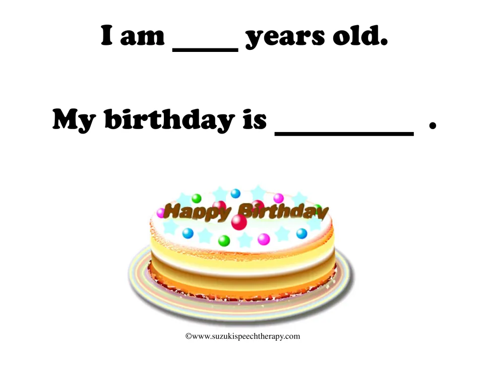 Age and birthday page: students fill in 'I am ___ years old' and 'My birthday is ___' beside a Happy Birthday cake