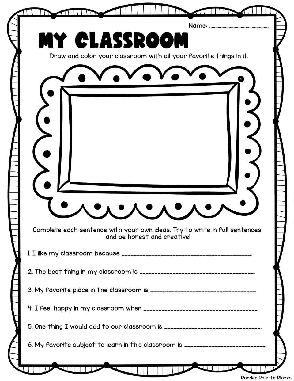 My Classroom reflection: students draw and color their classroom, then complete 6 sentence starters about what they like