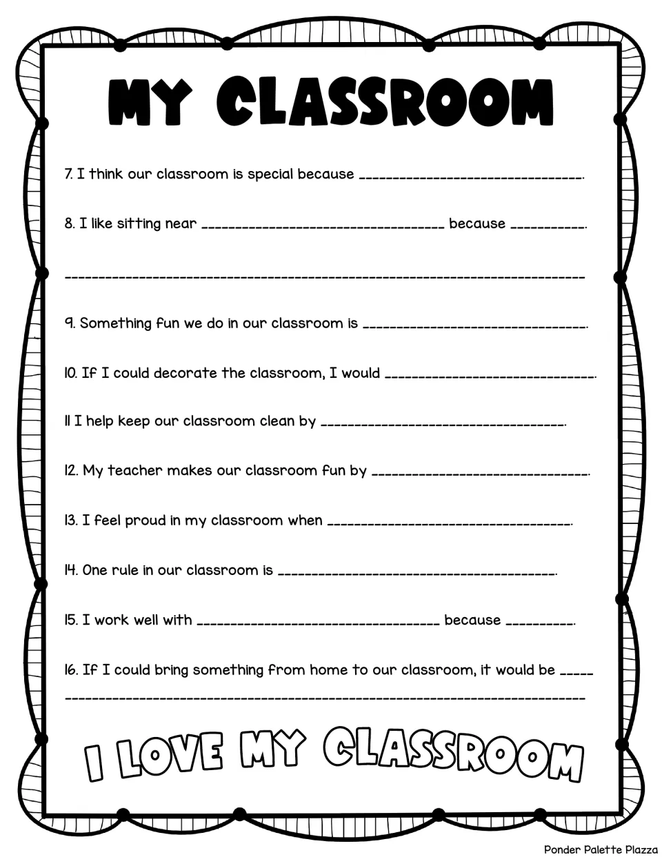 My Classroom sentence starters 7 to 16: students write about classroom rules, helping, their teacher and who they work with
