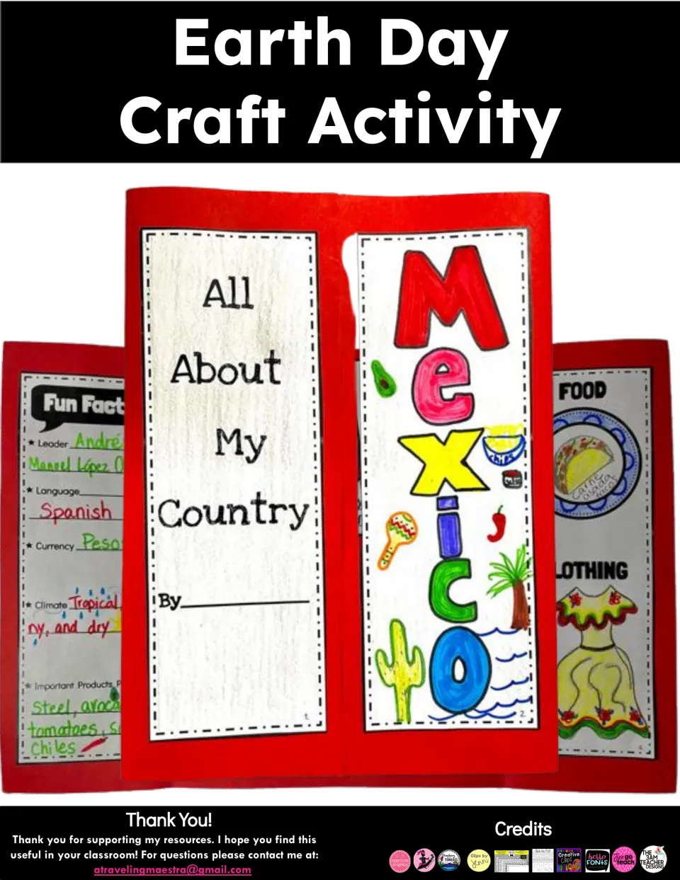 Cover labeled Earth Day Craft Activity showing a finished Mexico country trifold with fun facts, food and clothing flaps