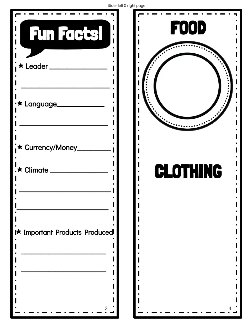 Side flaps: Fun Facts prompts for leader, language, currency, climate and products, beside a plate for food and clothing