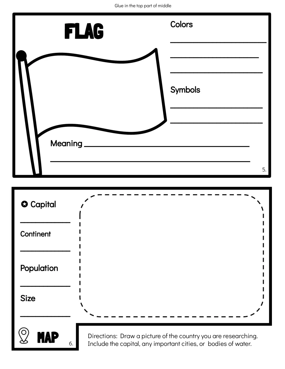 Flag and map pieces: students draw the flag, note colors, symbols and meaning, then map the capital, cities and water