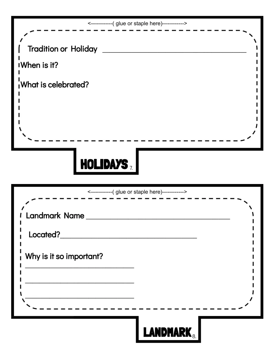 Holiday and landmark flaps: students name a tradition, when and why it is celebrated, then a landmark, where and why