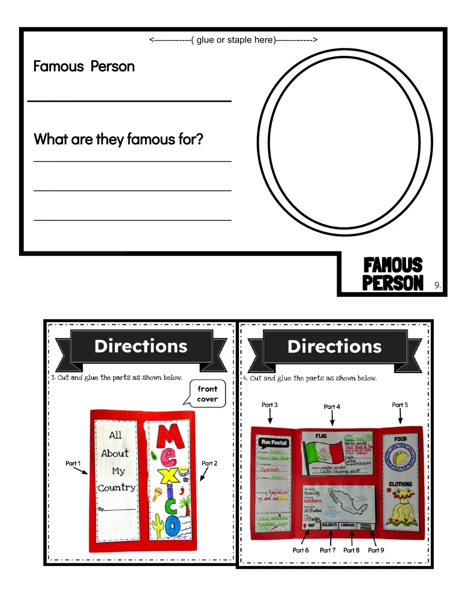 Famous person flap with a portrait oval, plus direction photos showing where parts 1 to 9 glue onto the red folder