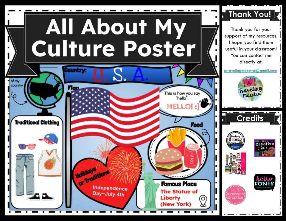 All About My Culture Poster cover showing a finished U.S.A. example beside thank-you and clip-art credits panels