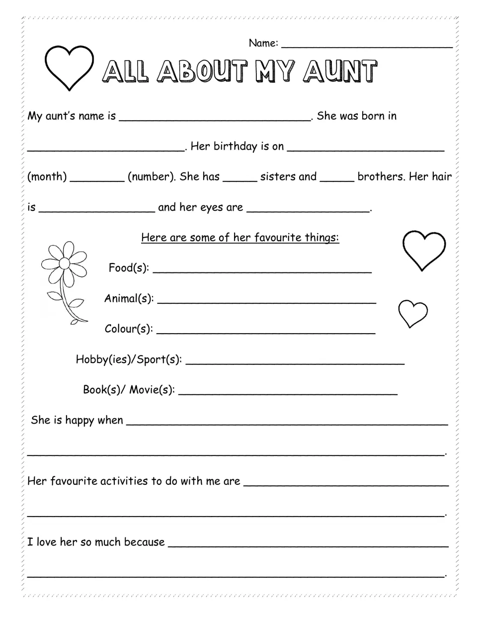 All About My Aunt, shorter frames: students fill in her name, birthday, hair, eyes, favourites and activities they share