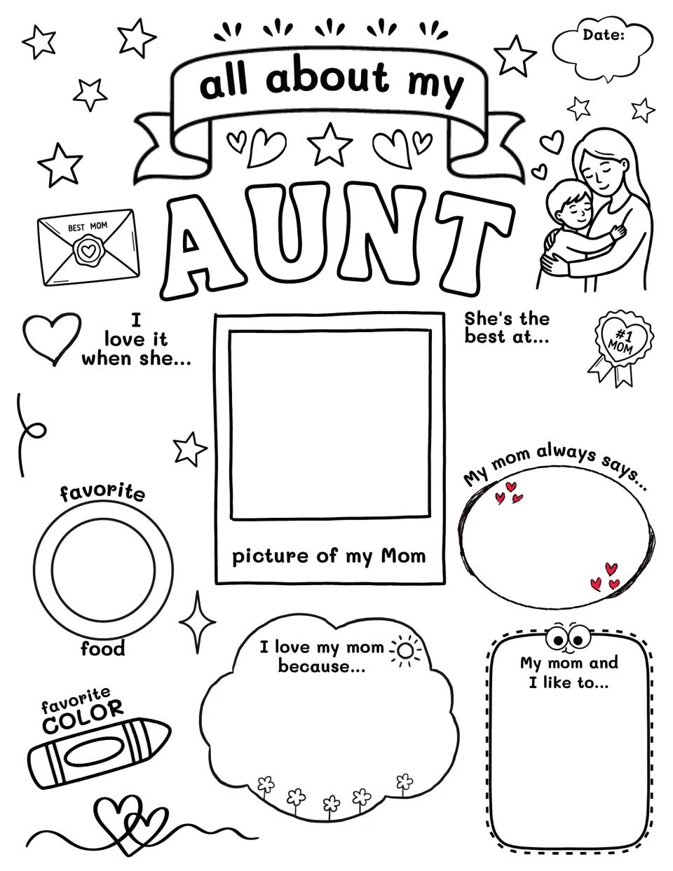 All About My Aunt coloring questionnaire: students draw a picture and complete prompts on favorite food, color and sayings