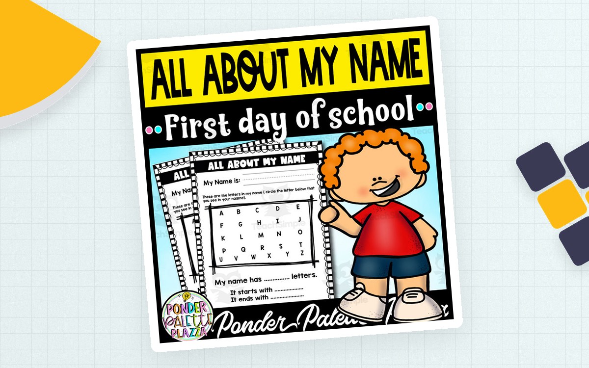 All About My Name cover with an alphabet-grid worksheet and student illustration.