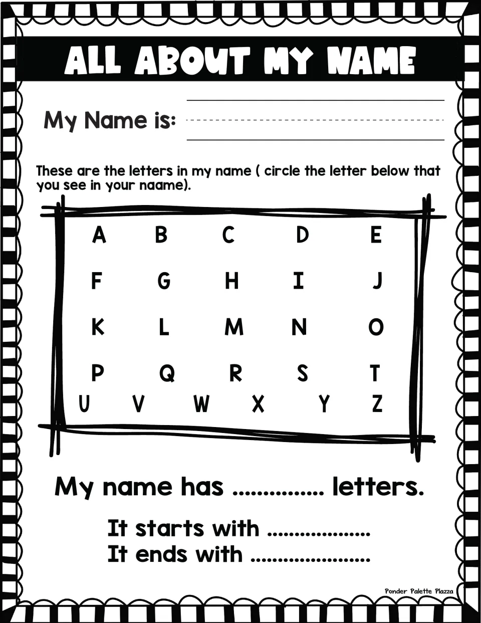 Letters in my name: students write their name, circle its letters in the A to Z alphabet, count them, note first and last