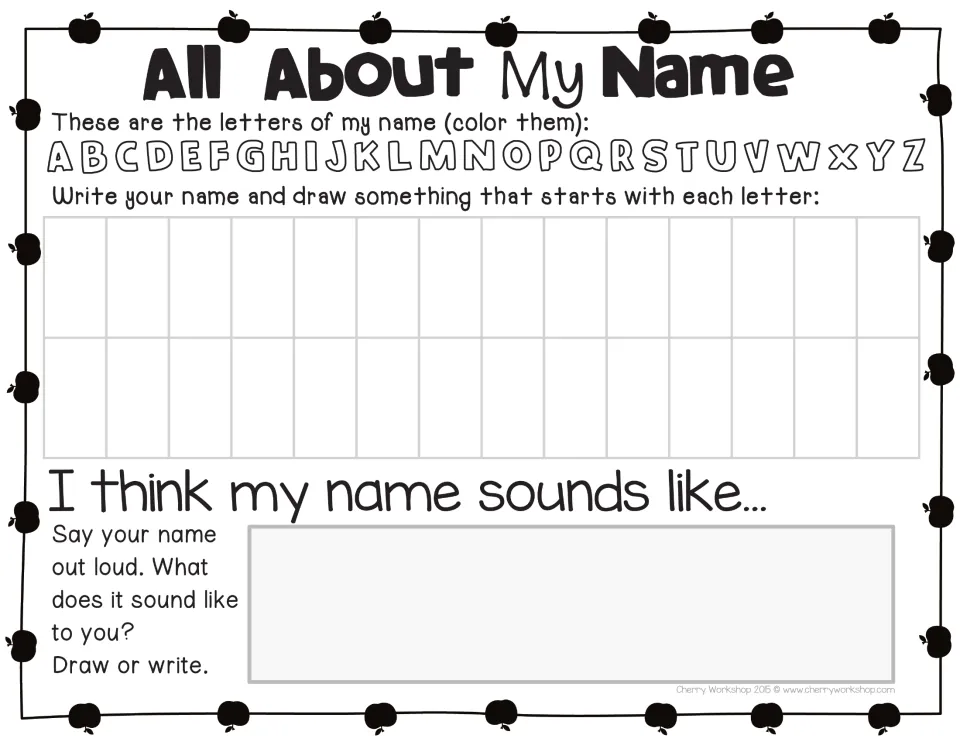 Name activity for up to 14 letters: color letters in your name, write it, and draw something for each letter.