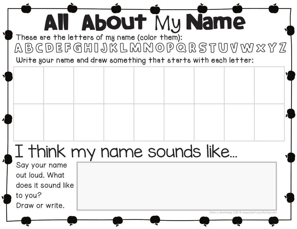 Name activity for up to 9 letters: color letters in your name, write it, and draw something for each letter.