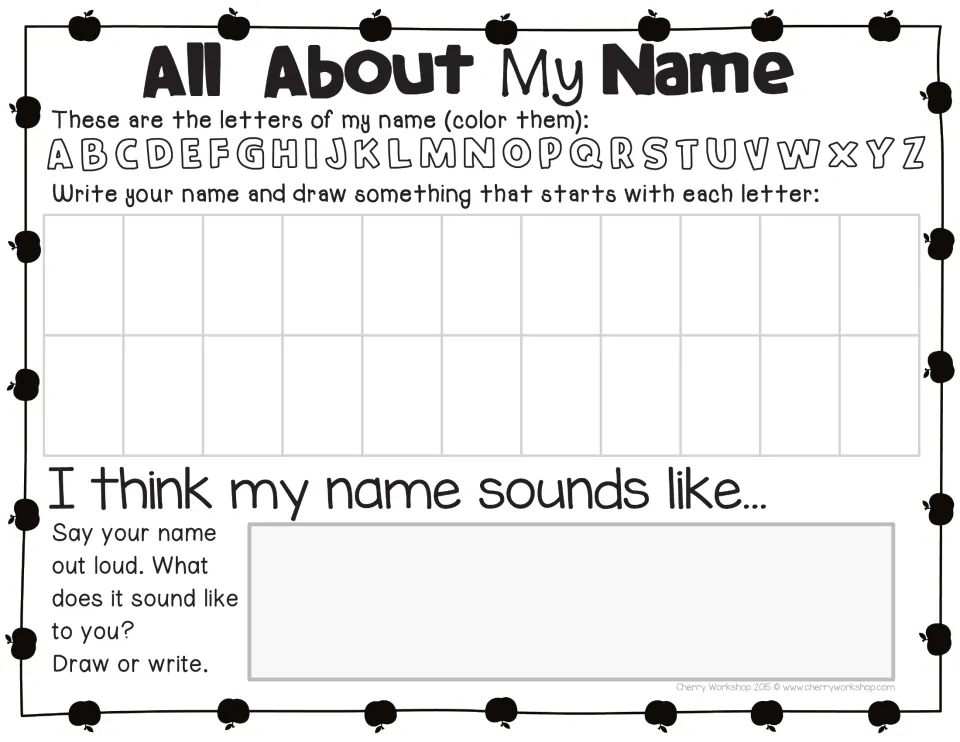 Name activity for up to 11 letters: color letters in your name, write it, and draw something for each letter.