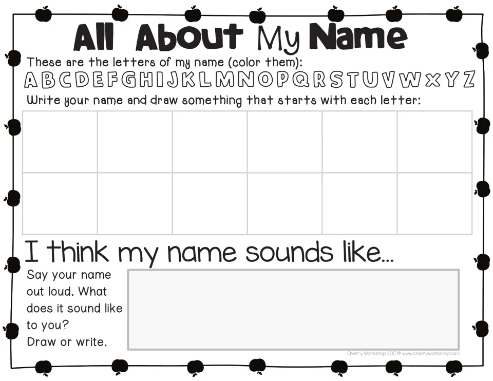 Name activity for up to 6 letters: color letters in your name, write it, and draw something for each letter.