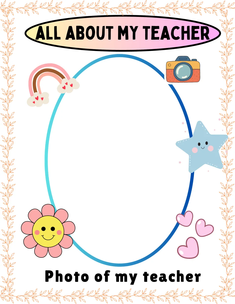 Teacher photo page: students paste or draw a picture of their teacher above the label 'Photo of my teacher'