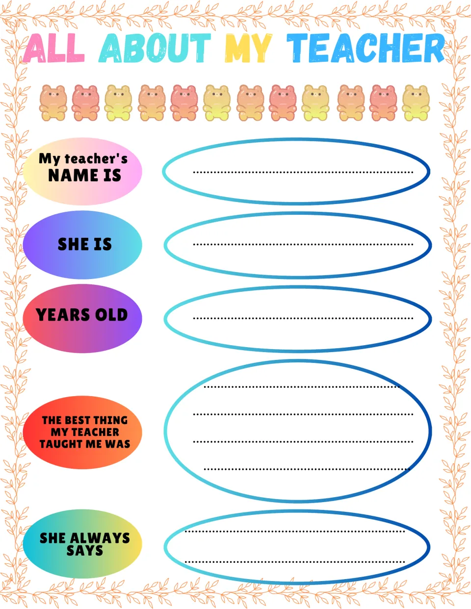 Teacher facts prompts: students write their teacher's name, age, the best thing she taught them and what she always says