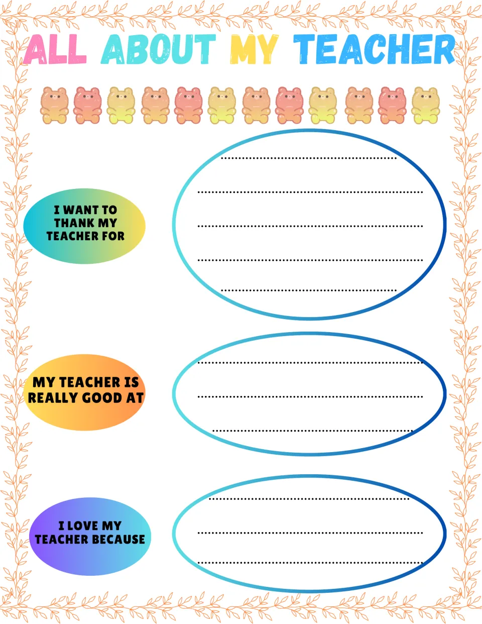 Gratitude prompts: students finish sentences on what they thank their teacher for, what she's good at and why they love her