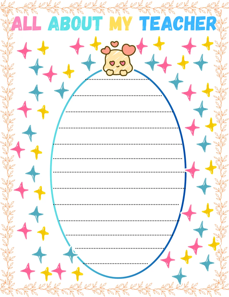 Free-writing page: students write a longer piece describing their teacher under the main heading