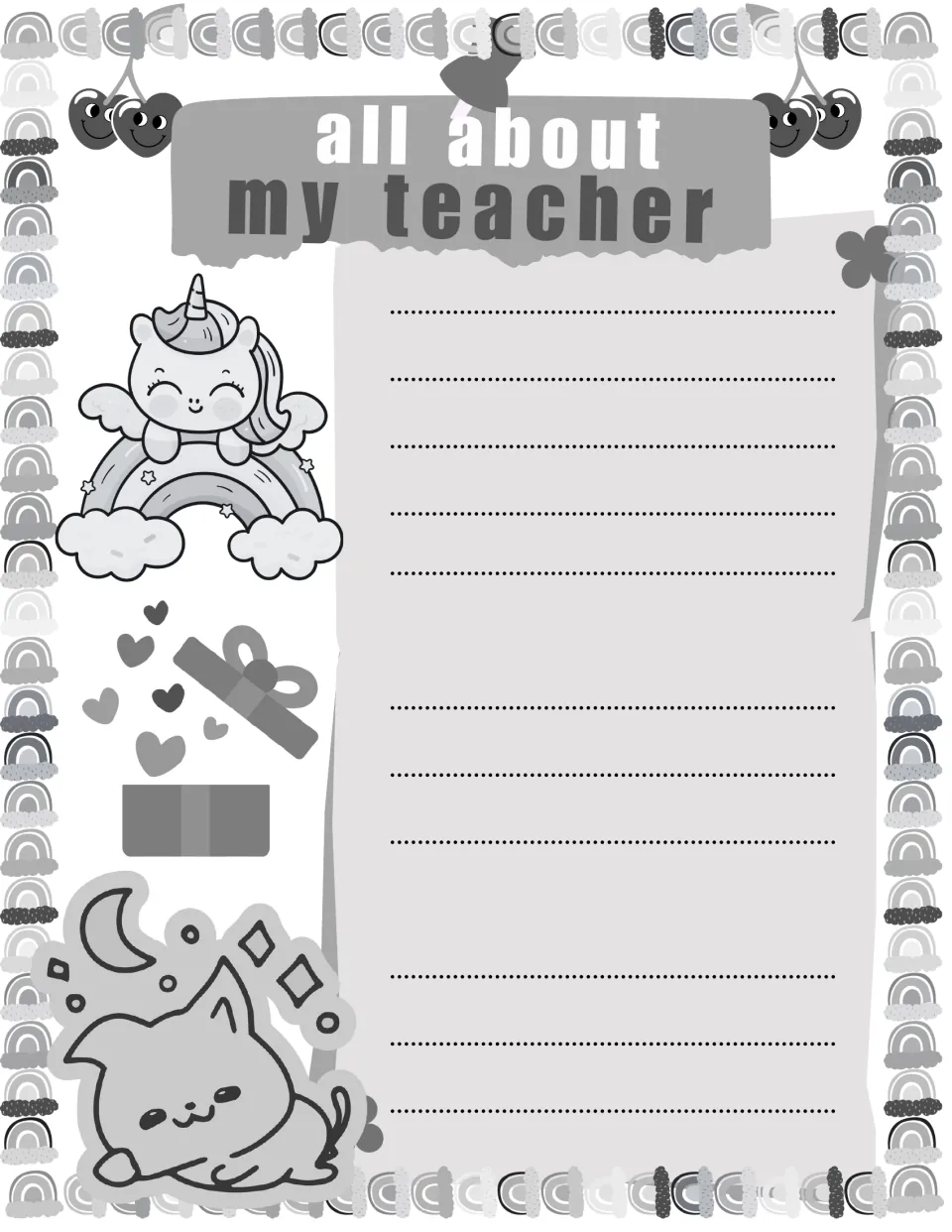 All about my teacher free-writing page: students write freely about their teacher beside unicorn, gift and cat clip art