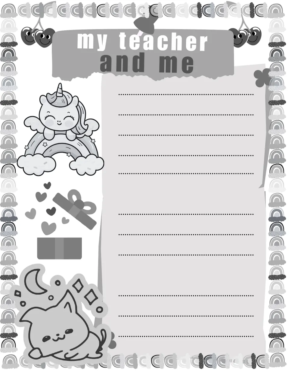 My teacher and me writing page: students write about themselves and their teacher, decorated with unicorn and cat art