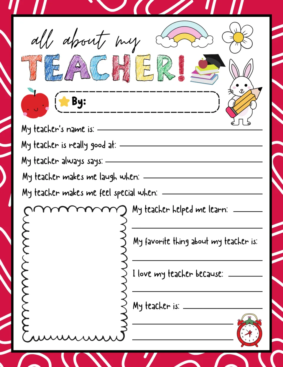 Red paper-clip background version: students complete sentences about when their teacher makes them laugh and feel special