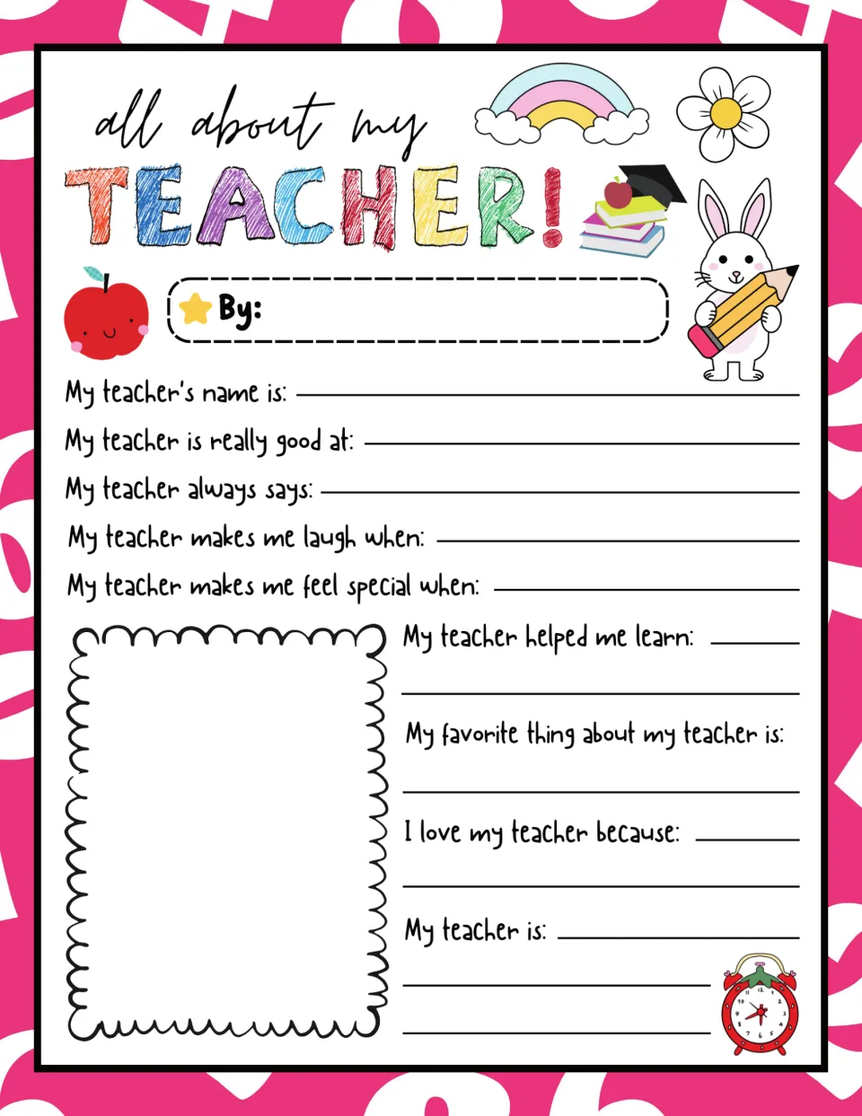 Pink-background teacher questionnaire: students write what their teacher helped them learn and their favorite thing