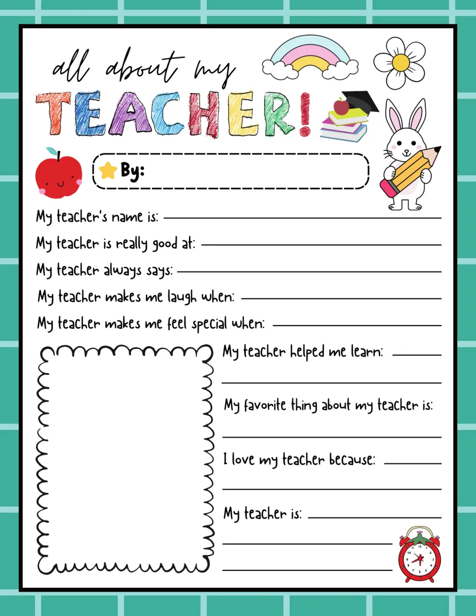 Teal plaid version of the teacher thank-you sheet: students recall what their teacher always says and is good at