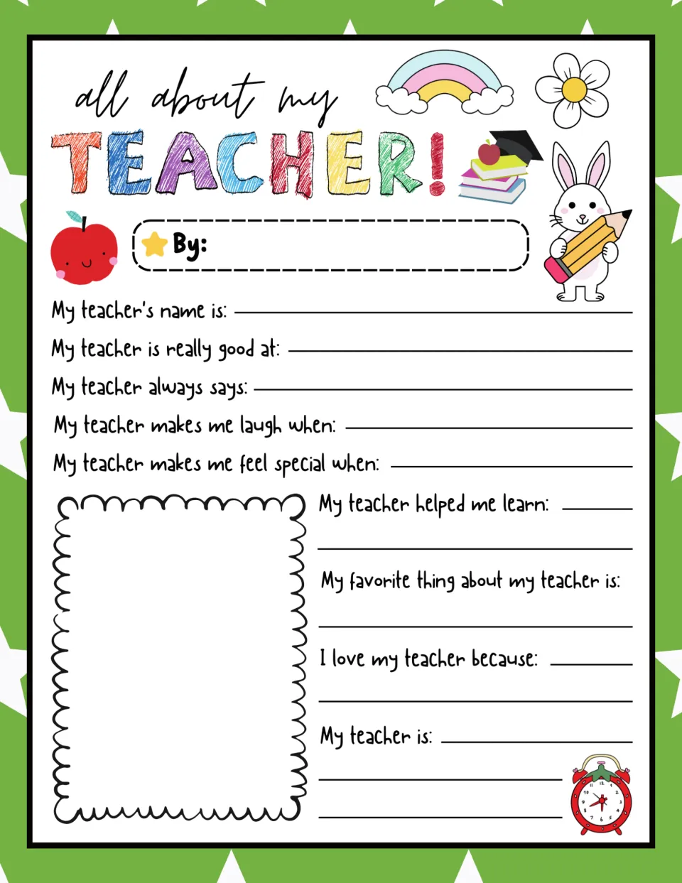 Green star background version: students write personal thank-you answers about their teacher and add a drawing