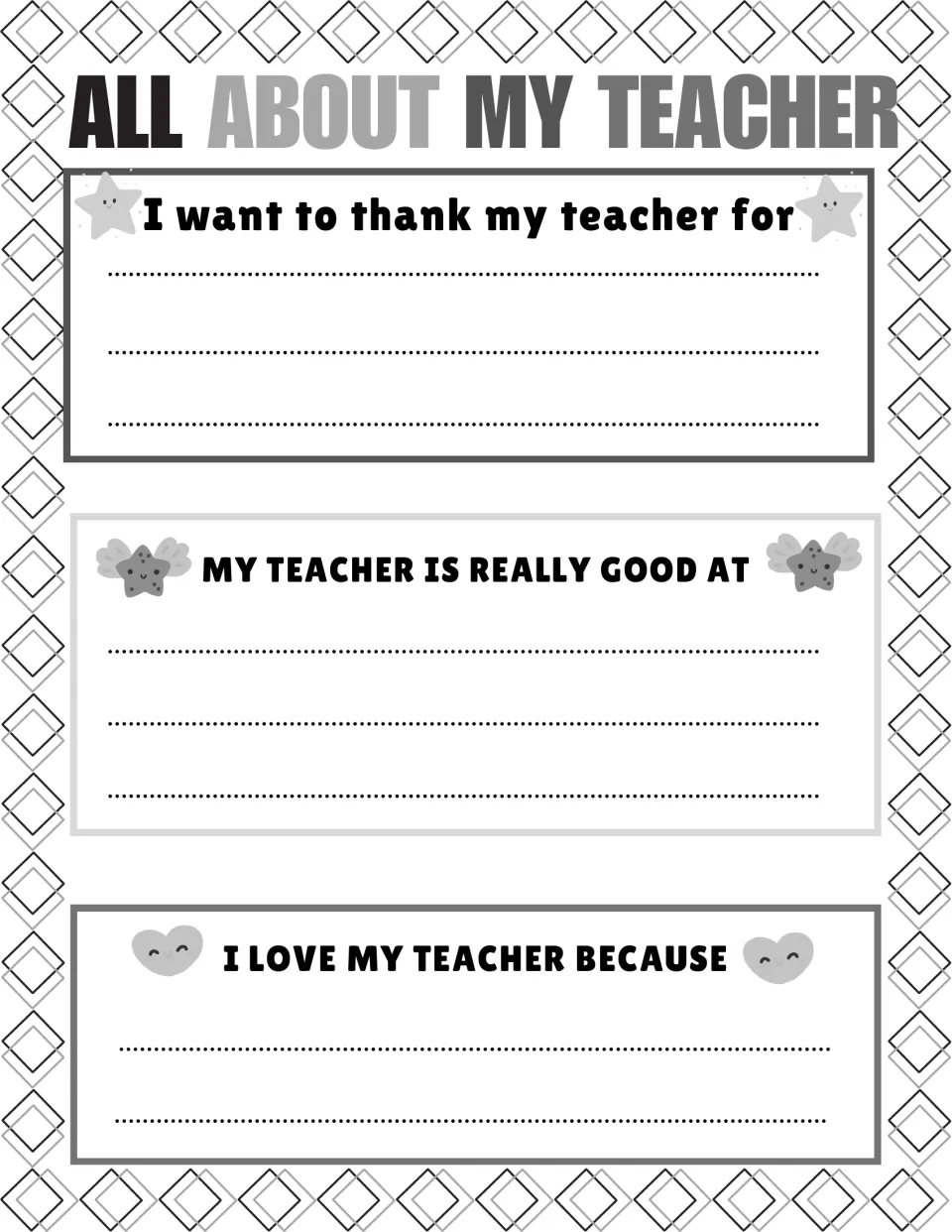 Thank-you prompts: students finish 'I want to thank my teacher for', 'is really good at' and 'I love my teacher because'