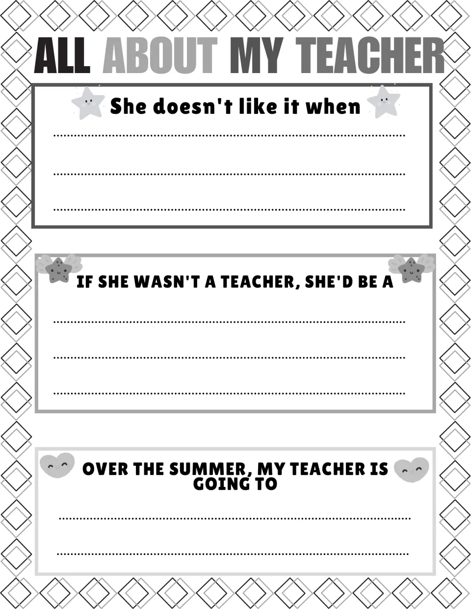 Fun teacher prompts: students tell what she doesn't like, what she'd be if not a teacher, and her summer plans