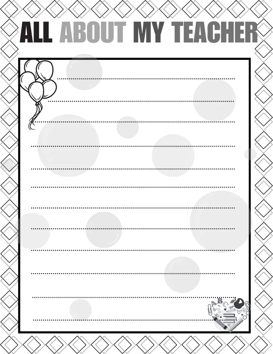 Teacher letter writing: students compose their own message to their teacher on a page decorated with balloons