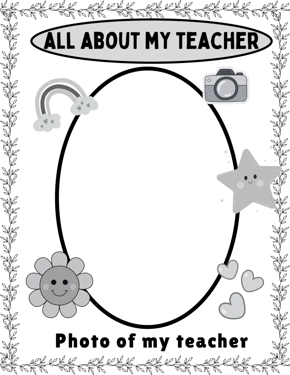 Teacher photo page: students paste or draw a picture of their teacher in the oval labeled 'Photo of my teacher'