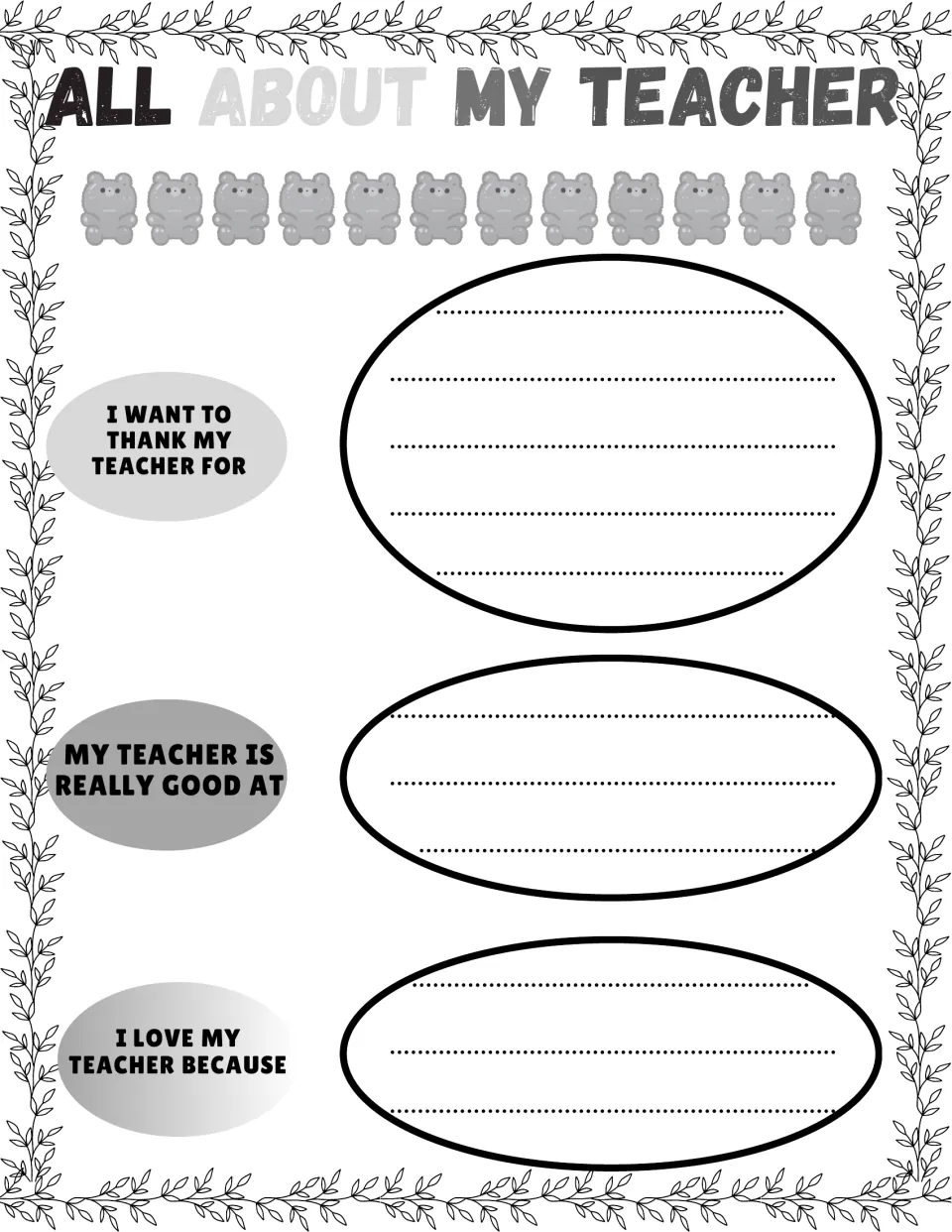 Thank-you prompts: students finish what they thank their teacher for, what she is really good at and why they love her