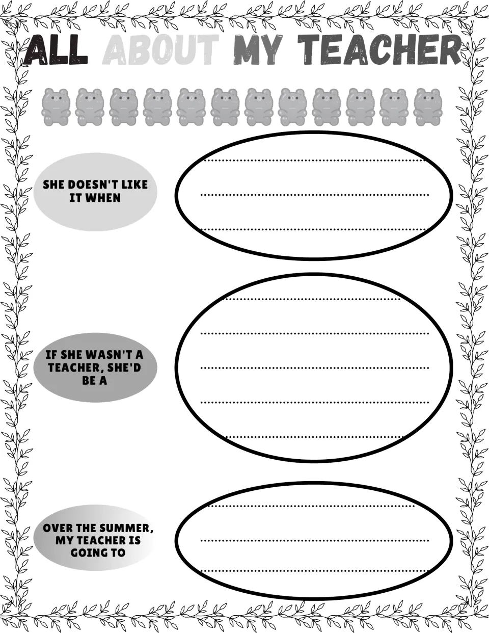 Fun-facts prompts: students complete what she doesn't like, what she'd be if not a teacher, and her plans over the summer