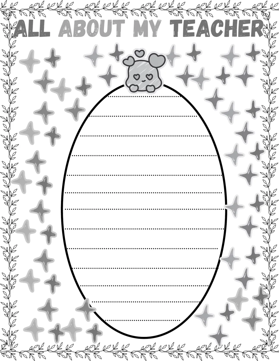Teacher free-writing page: students write freely about their teacher on the ruled oval framed by sparkles