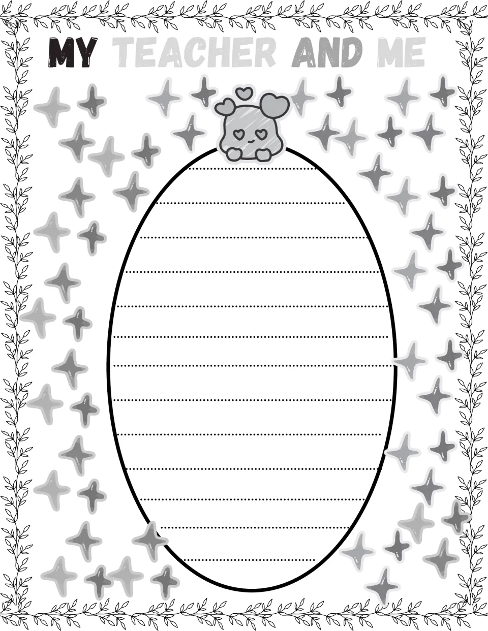 My Teacher and Me writing page: students write about themselves and their teacher on the ruled oval
