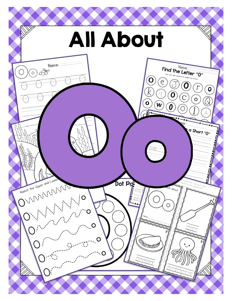 All About Oo cover showing letter O tracing, Find the Letter O dot page, upper/lowercase matching and a short o booklet