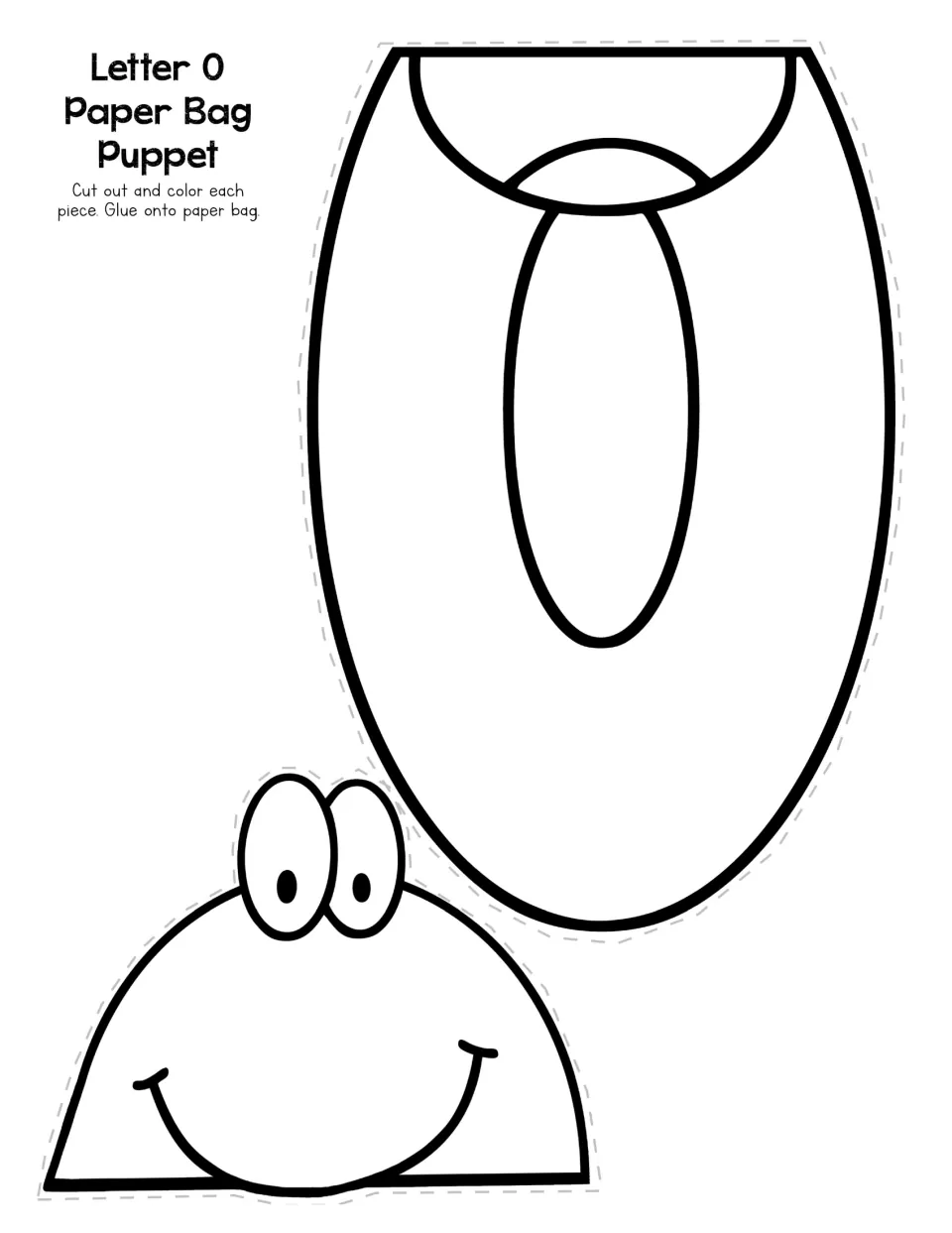 Letter O Paper Bag Puppet: students cut out and color a smiling face piece and a large letter O, then glue them onto a bag