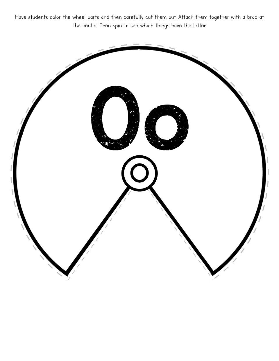 Letter O spinner top cut-out piece: an Oo wheel cover with an open window that students color, cut and attach with a brad