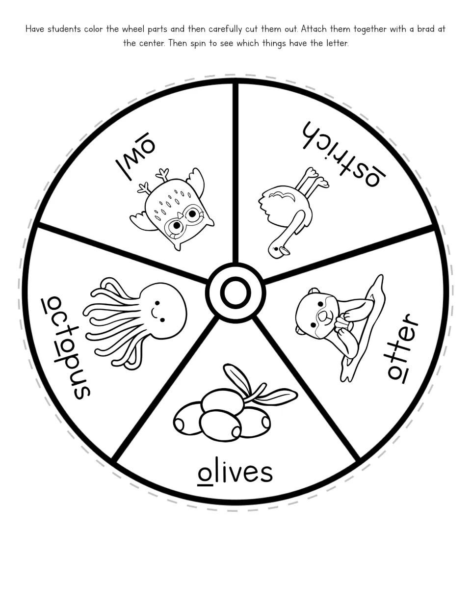 Letter O spinner picture wheel cut-out piece: owl, ostrich, otter, olives and octopus, each with the first o underlined