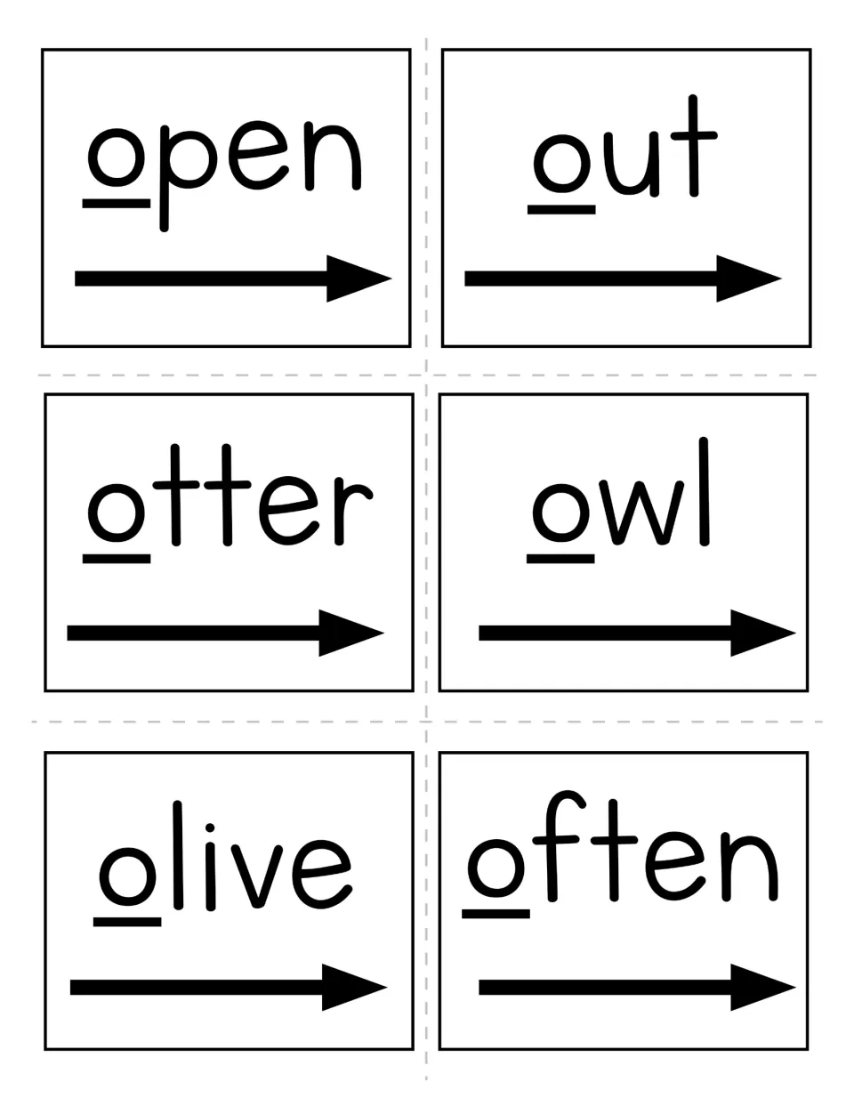 Letter O word cards: open, out, otter, owl, olive and often, each with the o underlined and a left-to-right arrow