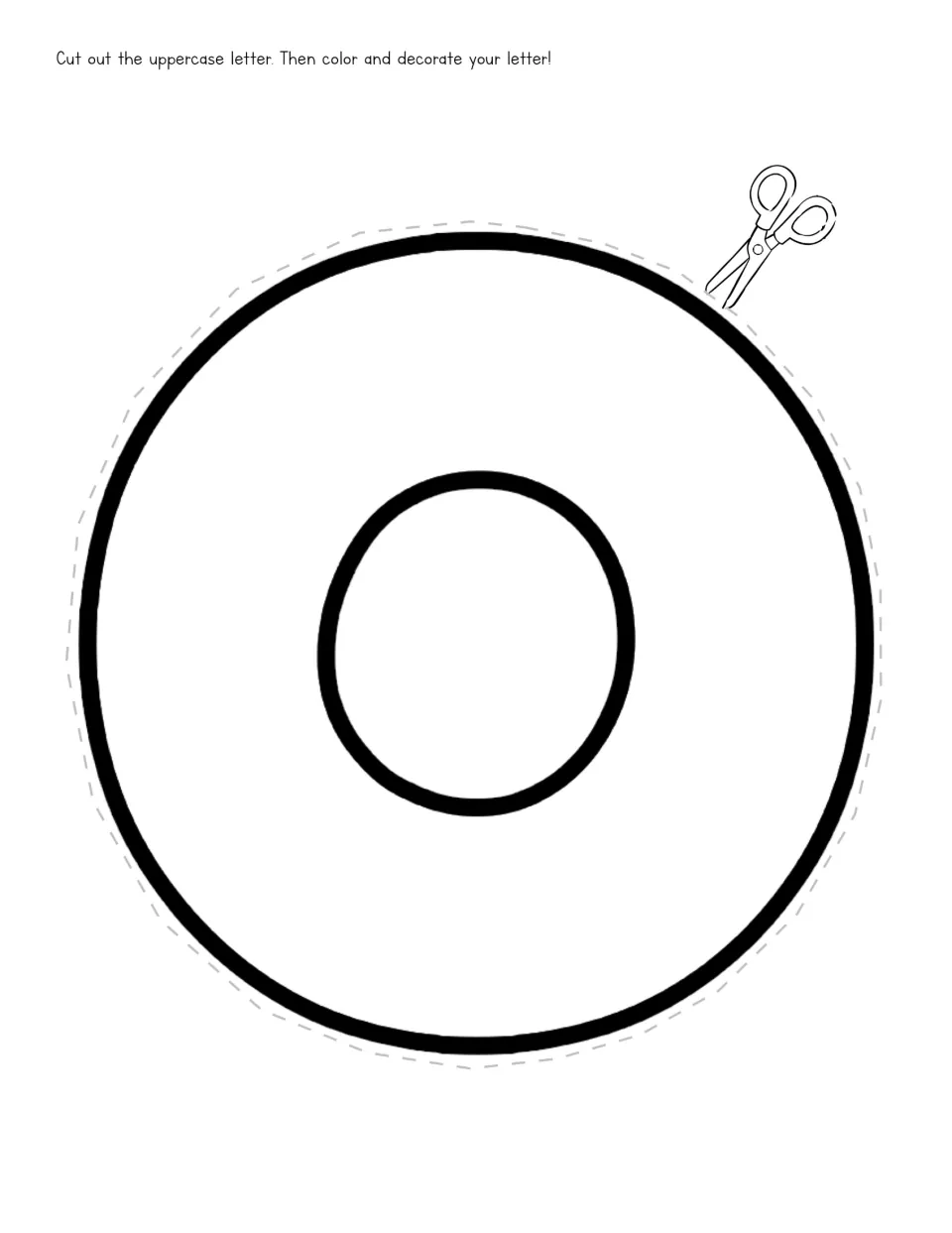 Uppercase letter O template: students cut out the large O, then color and decorate their letter