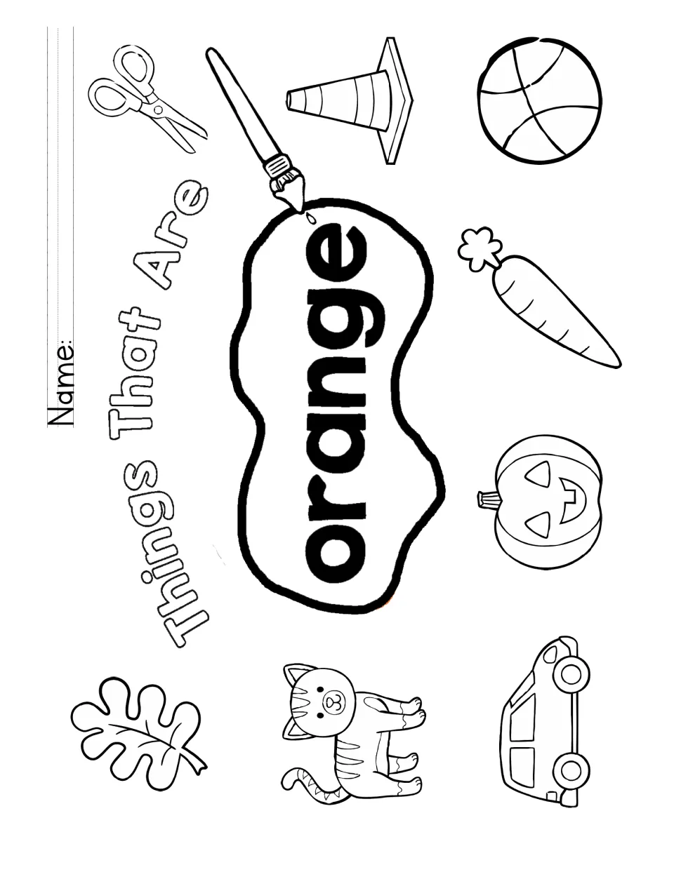 Things That Are orange coloring page: students color a carrot, pumpkin, cone, basketball, cat, leaf, car and scissors