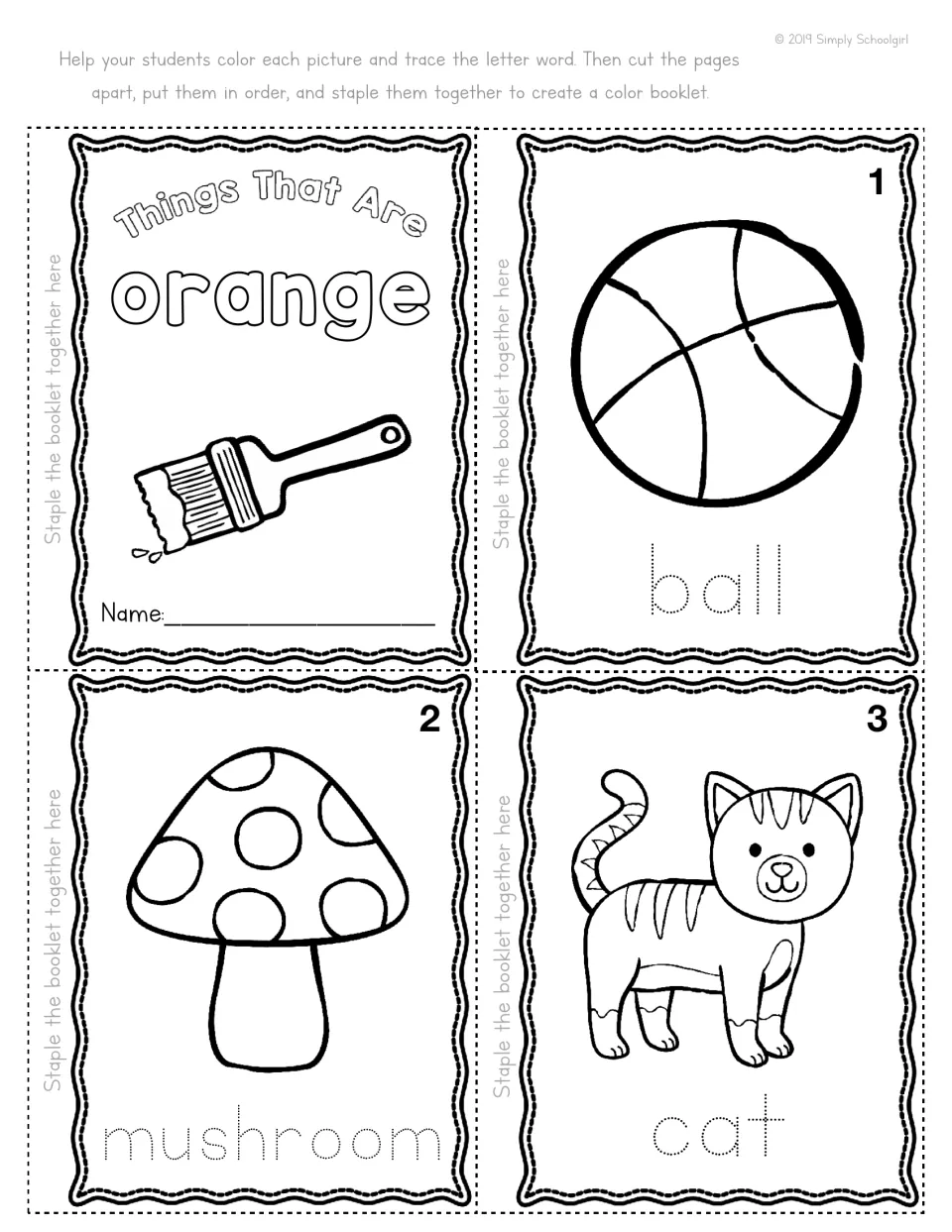 Things That Are orange mini booklet, cover and pages 1-3: students color a ball, mushroom and cat and trace each word
