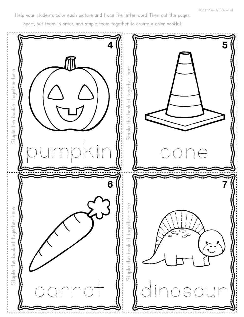 Orange color booklet pages 4-7: students color a pumpkin, traffic cone, carrot and dinosaur and trace each dotted word